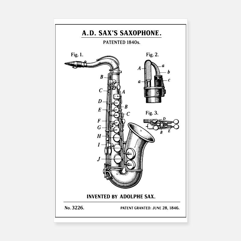 Saxophone Instrument Blueprint Patent Design Poster 8" x 12" (20x30 cm)