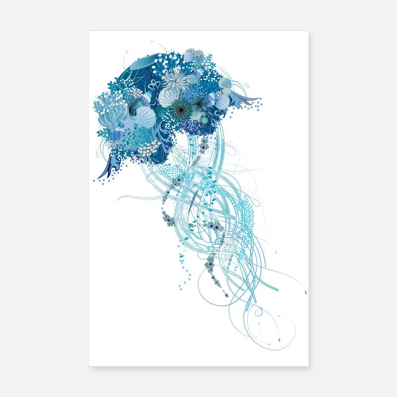 blue jellyfish with corals, shells and sea anemones Poster 8" x 12" (20x30 cm)
