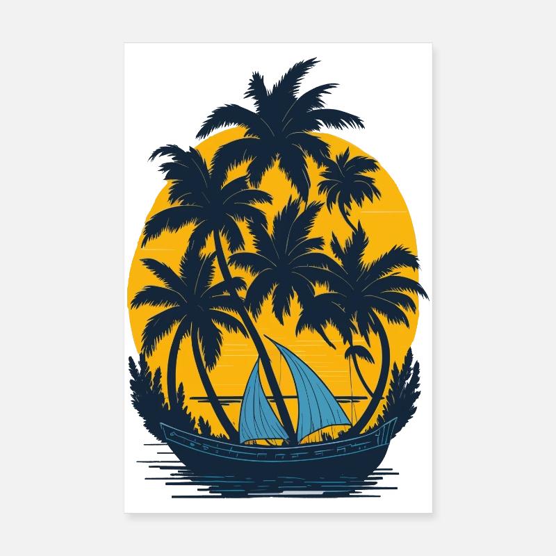 Coucher de soleil sur la barque à palmiers Poster 20 x 30 cm