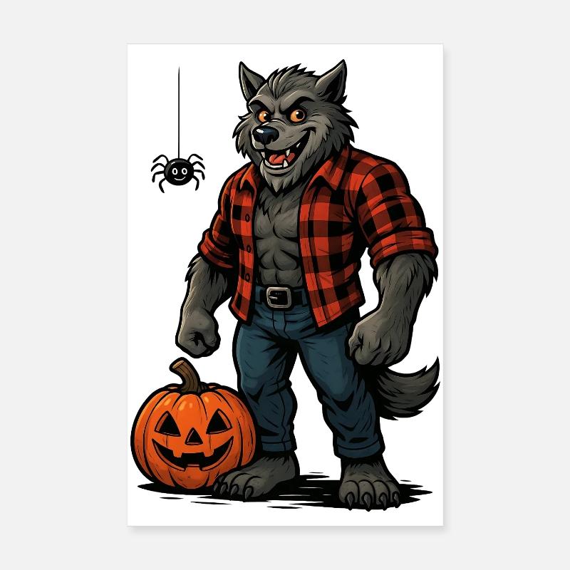 Halloween Werwolf mit Kürbis und Spinne - Poster 20x30 cm - Weiß