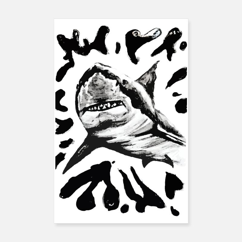 Dessin à l’encre de requin noir et blanc Poster 20 x 30 cm