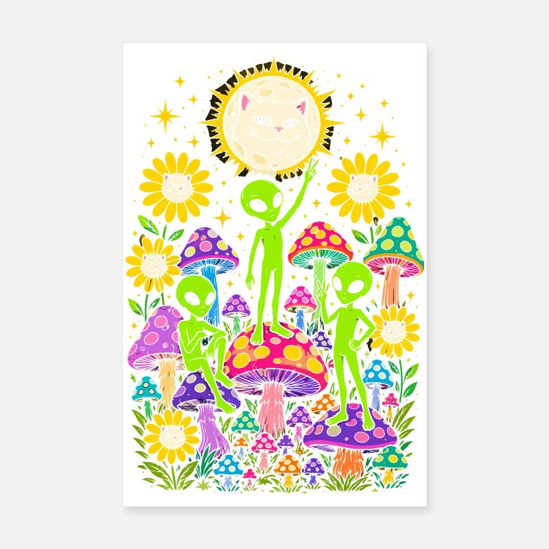 Aliens and Rainbow Mushrooms Poster 8" x 12" (20x30 cm)