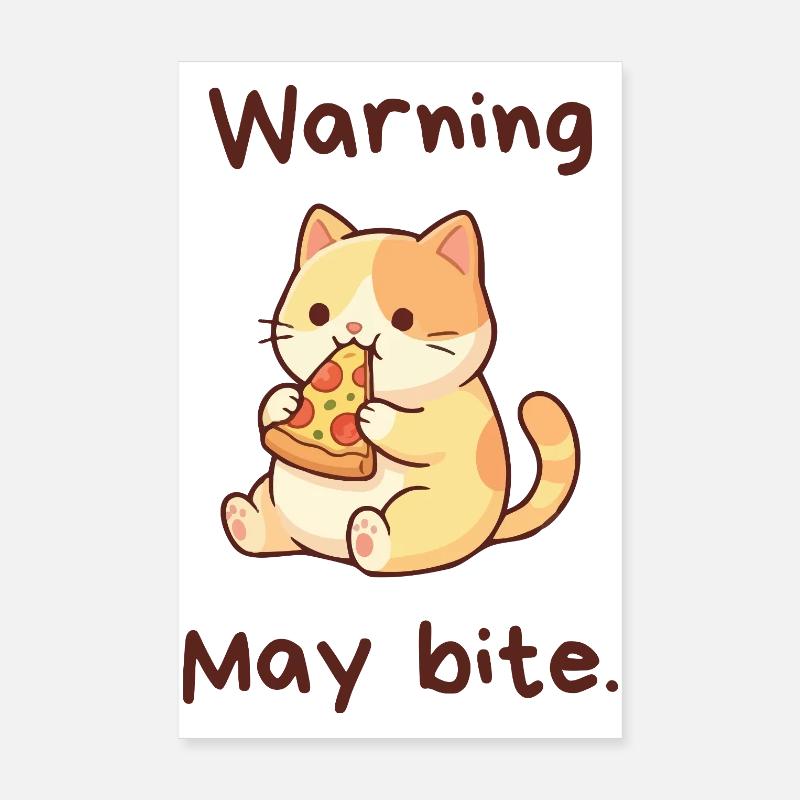 Warning May Bite - Kawaii Pizza Cat - Poster 20x30 cm - Weiß