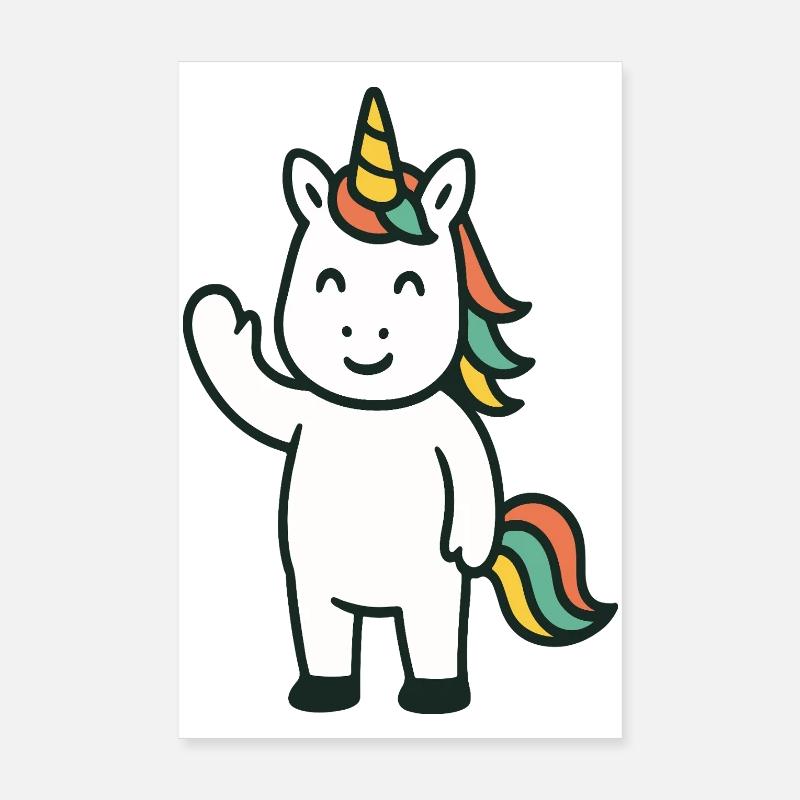 Niedliches Winkendes Einhorn mit buntem Mähnen-Maskottchen Poster 20x30 cm