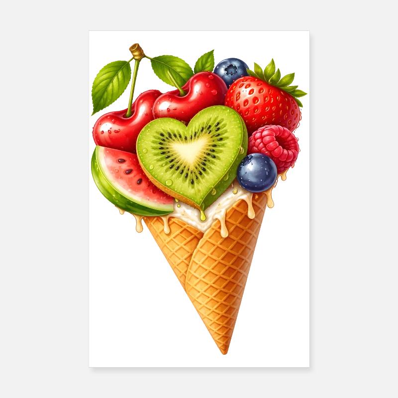 Früchte in Waffel Eistüte Illustration  Poster 20x30 cm