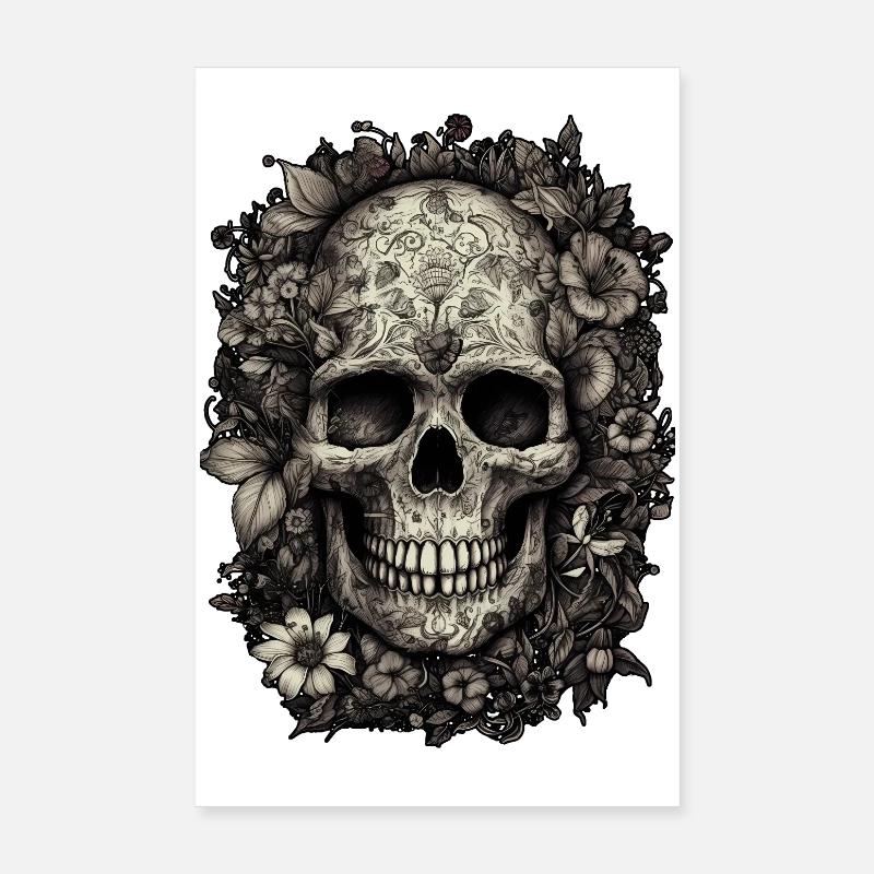 Cooler Boho Totenkopf mit Tattoos und Blumen - Poster 20x30 cm - Weiß