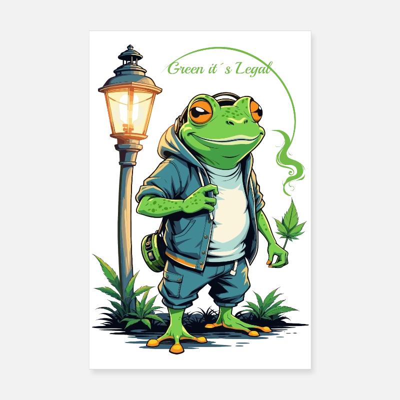 Grenouille verte avec feuille de chanvre Poster 20 x 30 cm
