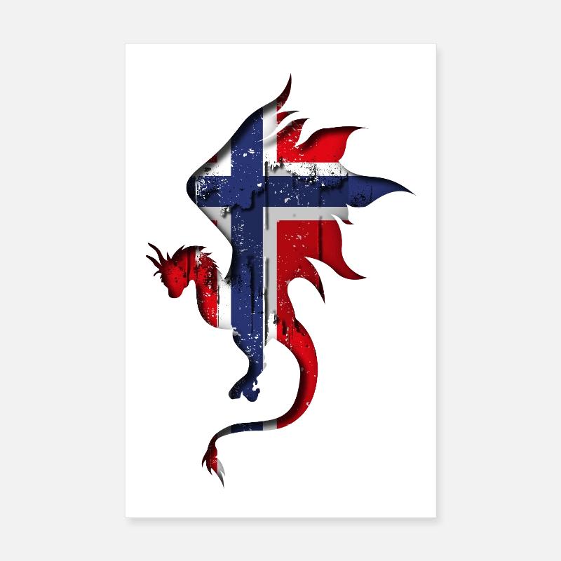 Drapeau de la Norvège - Norvège - Silhouette de dragon Poster 20 x 30 cm