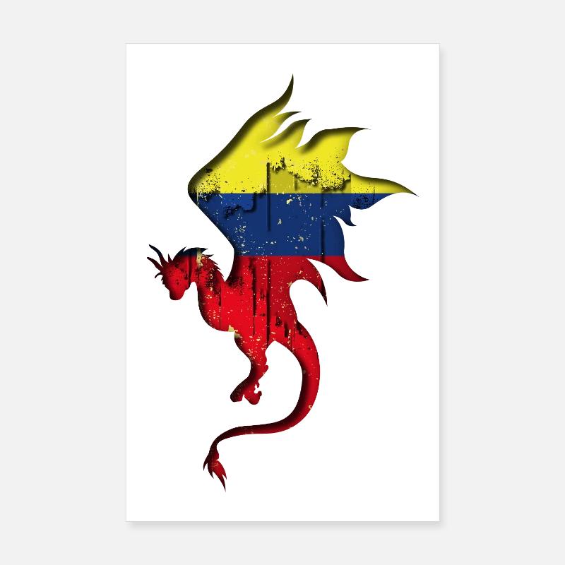 Drapeau de la Colombie - Colombie - Silhouette de dragon Poster 20 x 30 cm