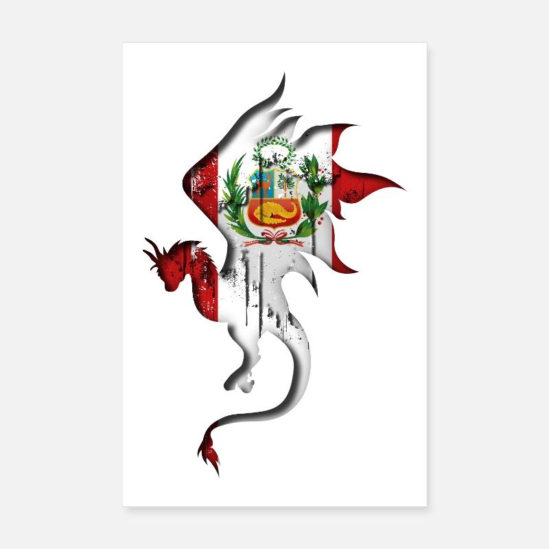 Drapeau du Pérou - Pérou - Silhouette de dragon Poster 20 x 30 cm