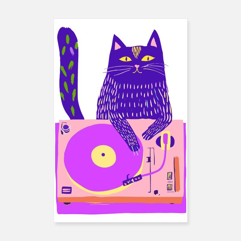 Neon Cat DJ sur une platine rose Poster 20 x 30 cm