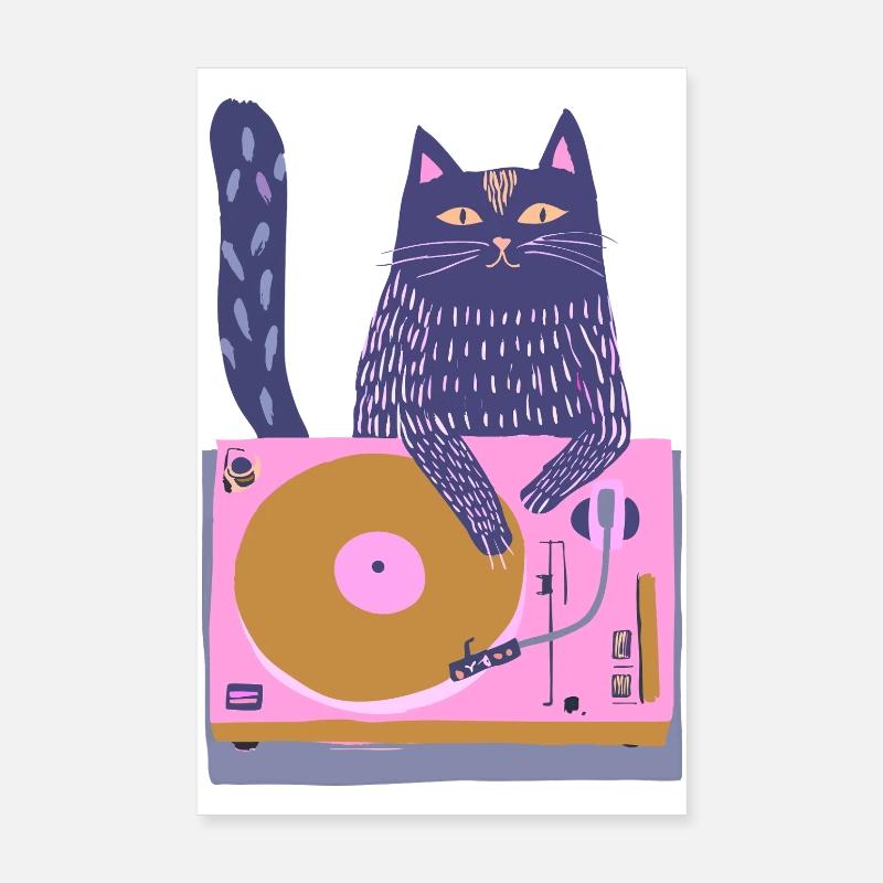 DJ Chat violet sur une platine rose Poster 20 x 30 cm