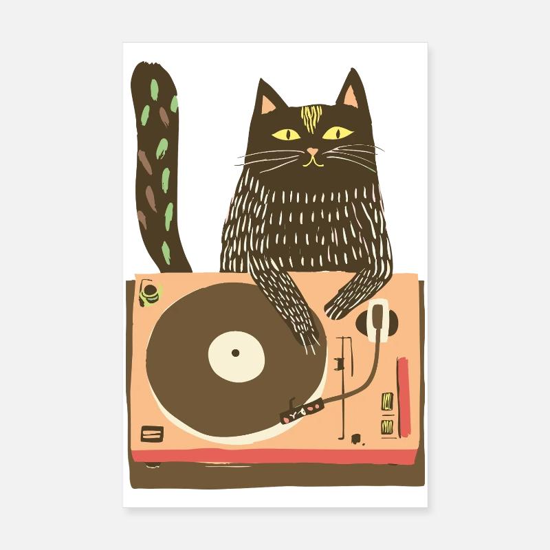DJ chat sur platine vinyle Poster 20 x 30 cm