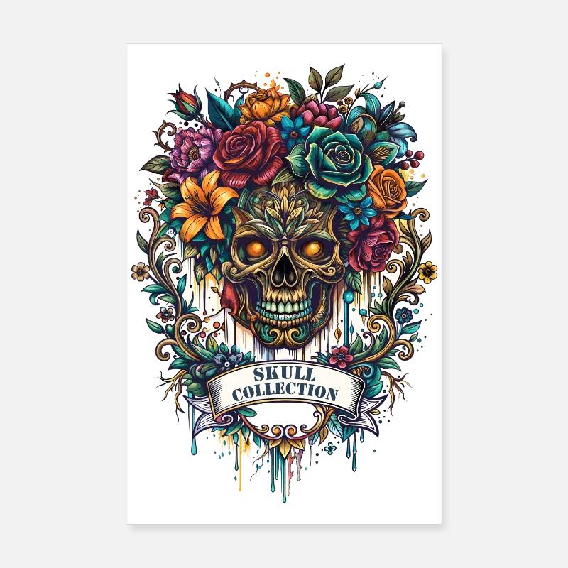 Skull and flowers skull gothic rock Poster 8" x 12" (20x30 cm)