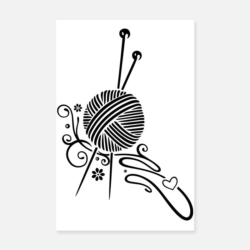 Knitting needles with wool and flowers. Poster 8" x 12" (20x30 cm)