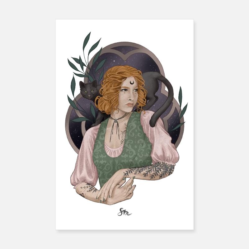 Jeune sorcière des herbes avec compagnon chat Poster 20 x 30 cm