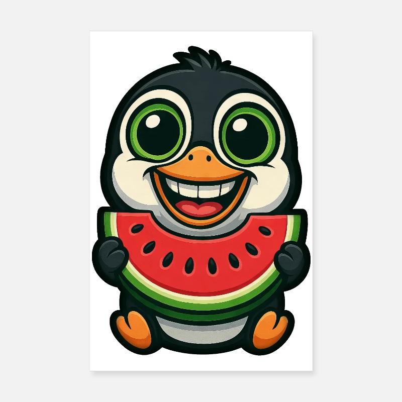 pingouin drôle avec un dessin animé d’été de pastèque Poster 20 x 30 cm