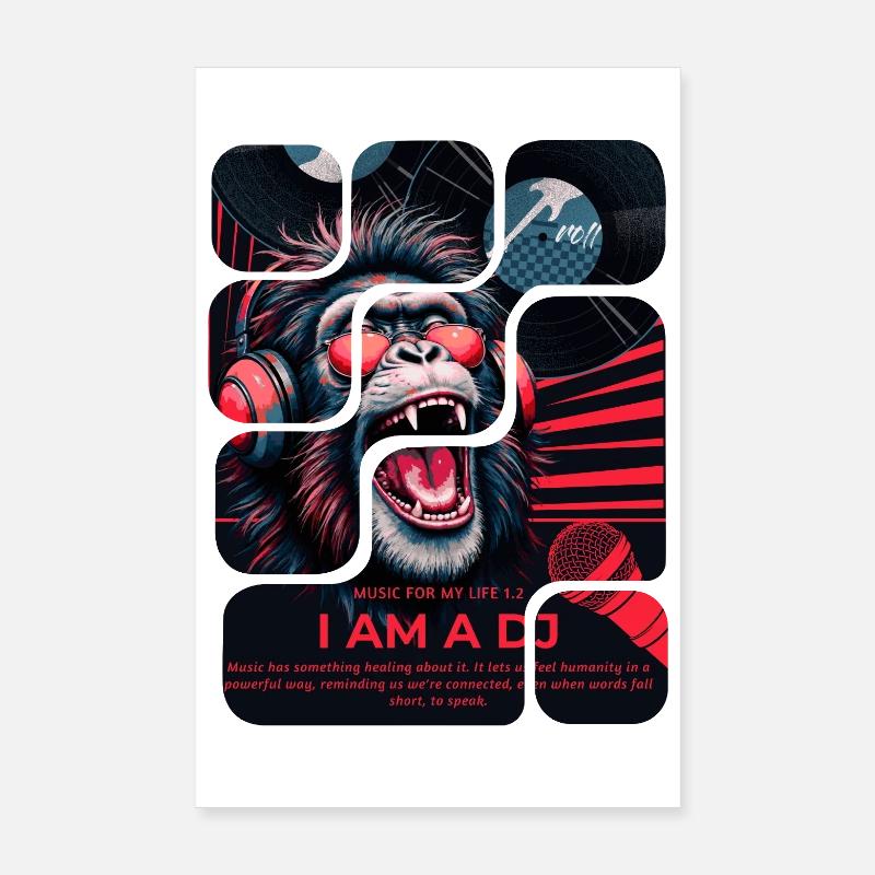 DJ Affe mit Kopfhörern Neon Design - Poster 20x30 cm - Weiß