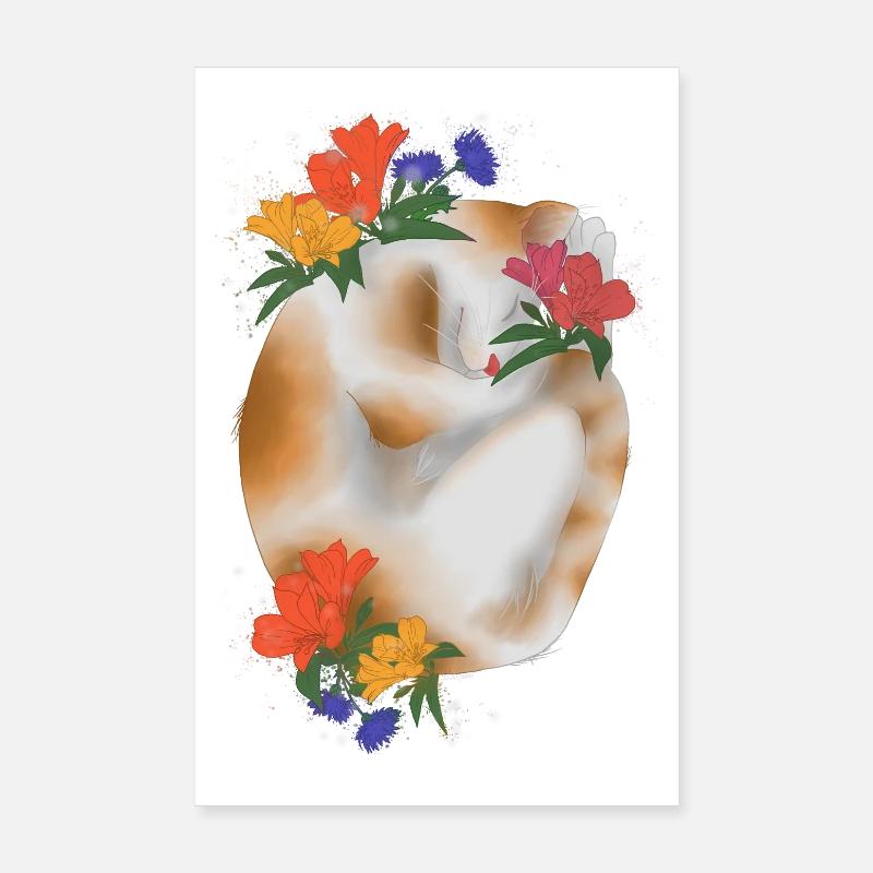 Chat et fleurs Poster 20 x 30 cm