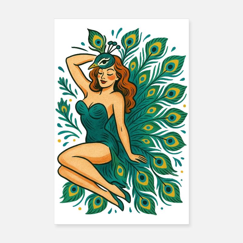 Peacock Goddess in Teal Feathers Poster 8" x 12" (20x30 cm)