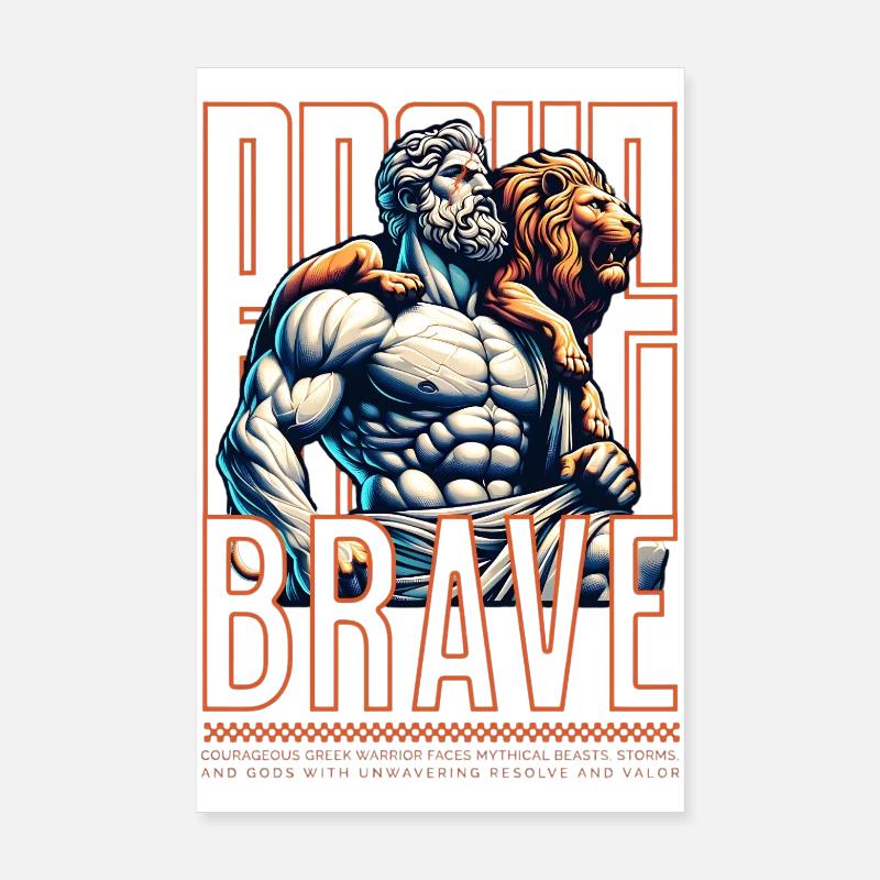 Dieu de la Force grecque et Lion - Poster 20 x 30 cm - blanc