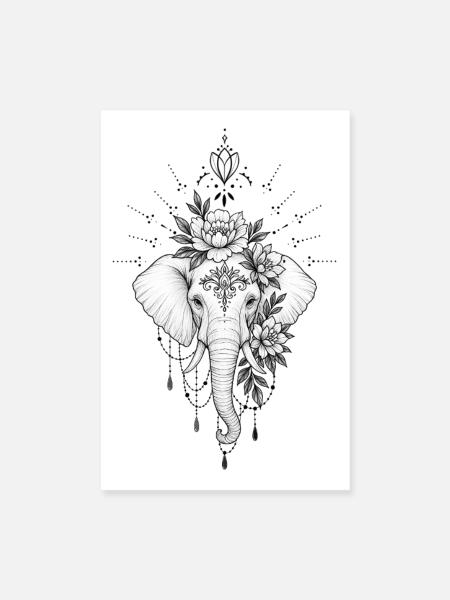 Blumen-Elefantenmandala-Schmuck - Poster 20x30 cm - Weiß - Vorne