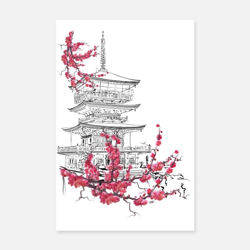 Pagode und Sakura Poster 20x30 cm
