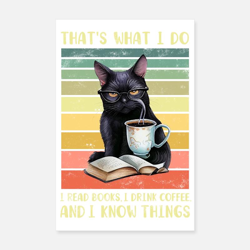 Black cat with coffee and book Poster 8" x 12" (20x30 cm)