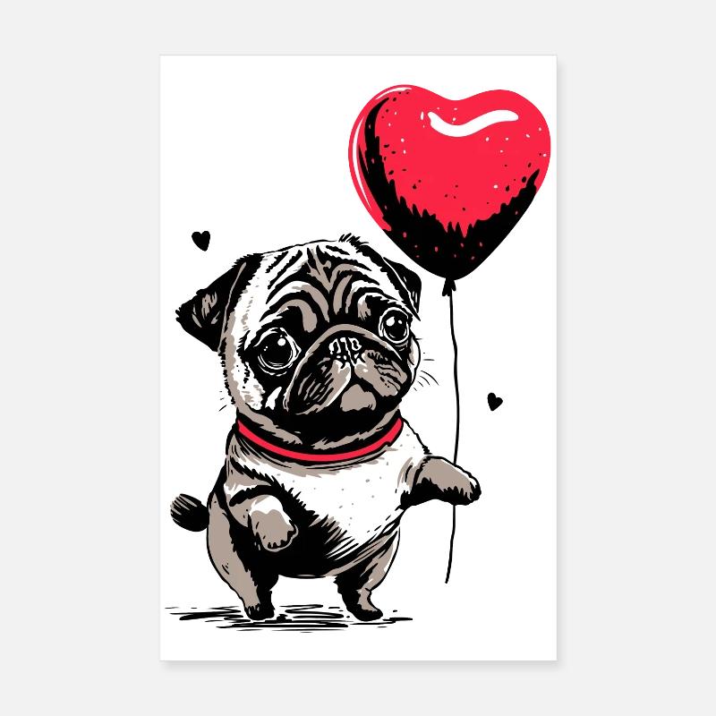 Pug with Heart Balloon - Heartful Creatures Poster 8" x 12" (20x30 cm)