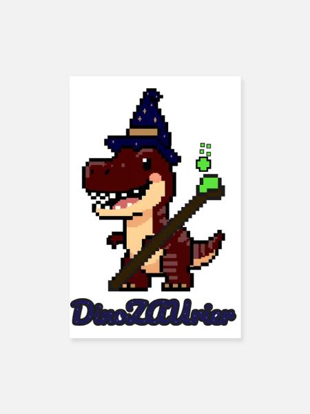 DinoZAUrier – Pixel Art Dinosaurier mit Zauberhut - Poster 20x30 cm - Weiß - Vorne