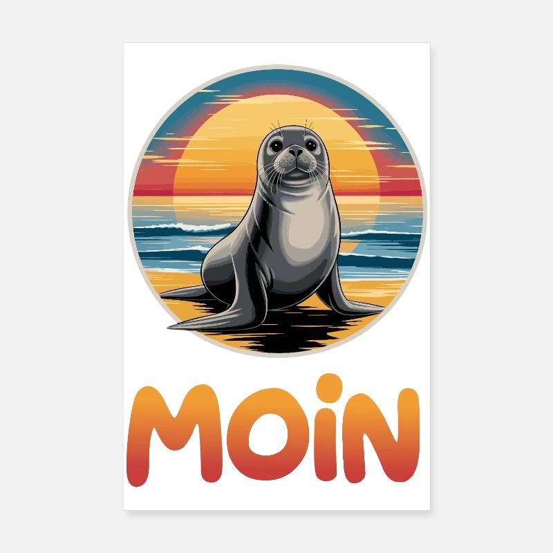 Mignon phoque Moin sur la plage Coucher de soleil Poster 20 x 30 cm