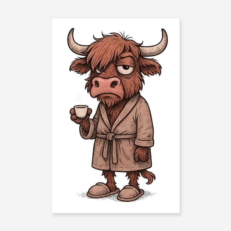 Grumpy Highland Cow with Coffee – Morning Grouch Poster 8" x 12" (20x30 cm)
