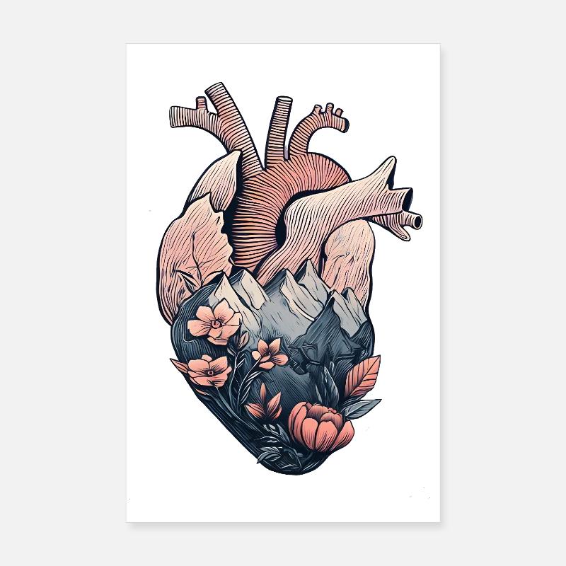 Anatomisches Herz mit Bergen und Blumen Poster 20x30 cm