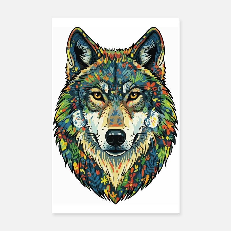 Loup Coloré aux Fleurs Poster 20 x 30 cm