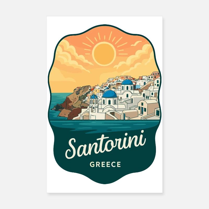 Santorini Blue Domes Retro Sonnenuntergangsabzeichen Poster 20x30 cm