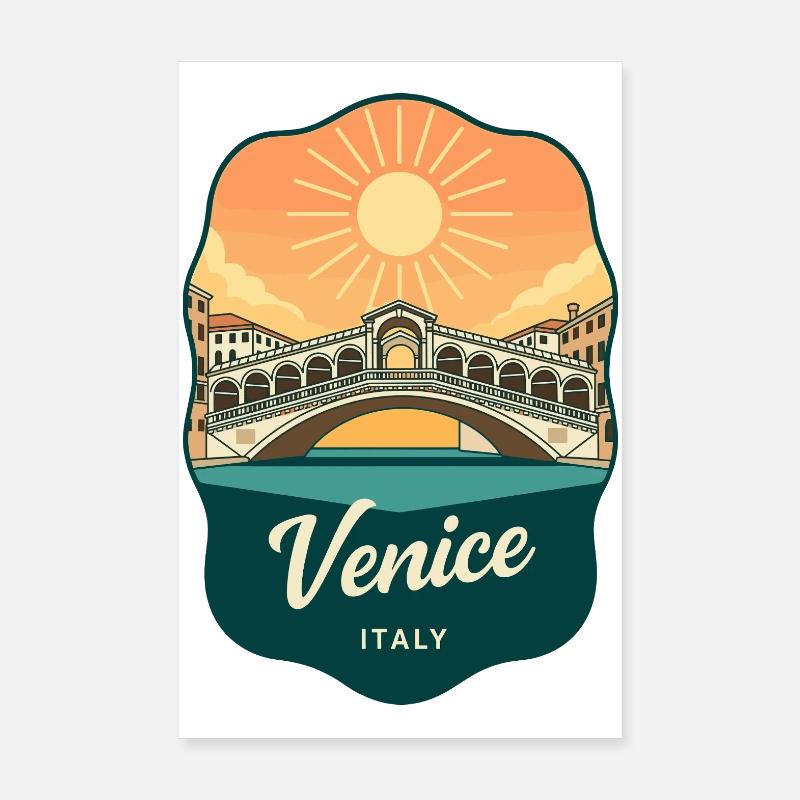 Venice Rialto Bridge Vintage Sunset Badge Poster 8" x 12" (20x30 cm)