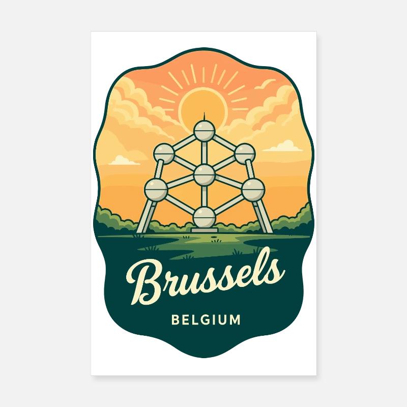 Brussels Atomium Vintage Sunset Travel Badge Poster 8" x 12" (20x30 cm)