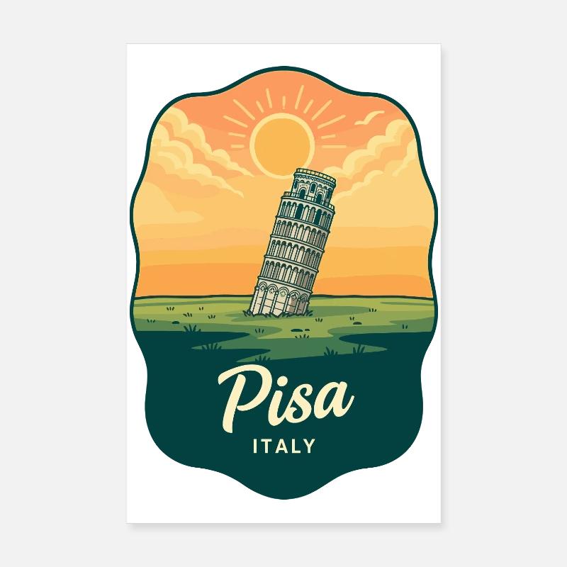 Pisa Leaning Tower Vintage Sunset Badge Poster 8" x 12" (20x30 cm)