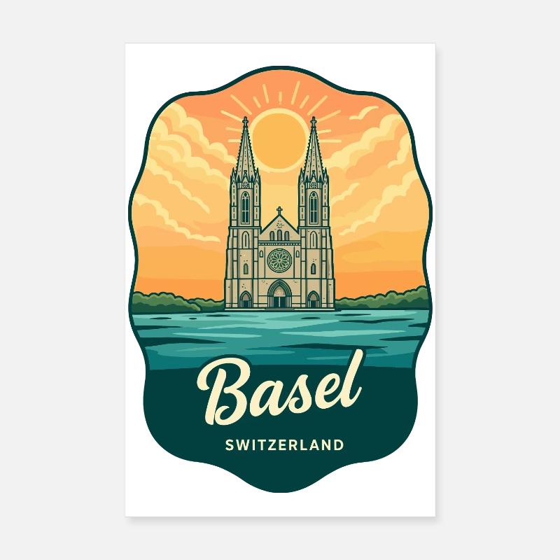 Basel Minster Retro Sonnenuntergangs-Reiseabzeichen Poster 20x30 cm