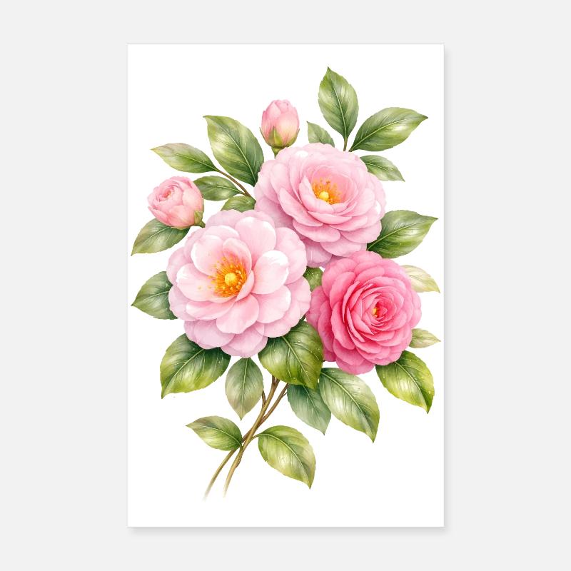 Rosa Kamelienblüten Illustration   Poster 20x30 cm