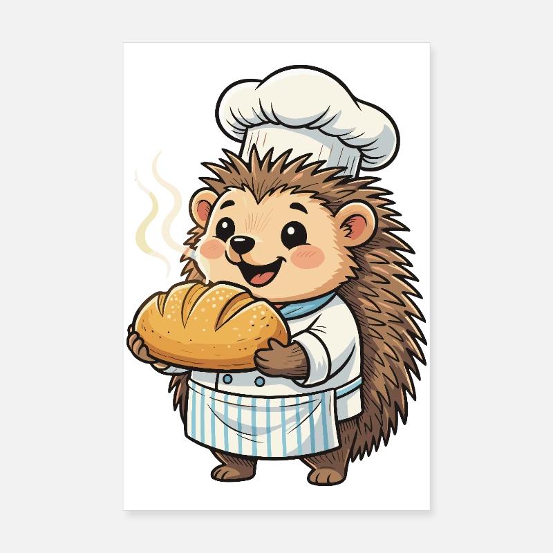 Igelkoch bäckt goldenes Brot - Poster 20x30 cm - Weiß