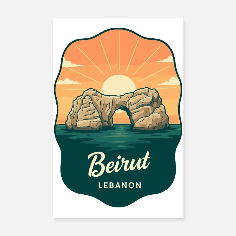 Badge de voyage rétro Retrait du soleil Raouche Rocks de Beyrouth Poster 20 x 30 cm