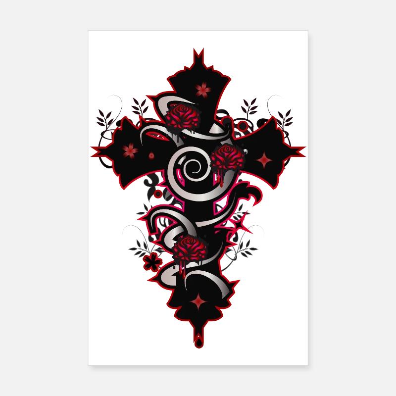 red black gothic cross with floral elements Poster 8" x 12" (20x30 cm)