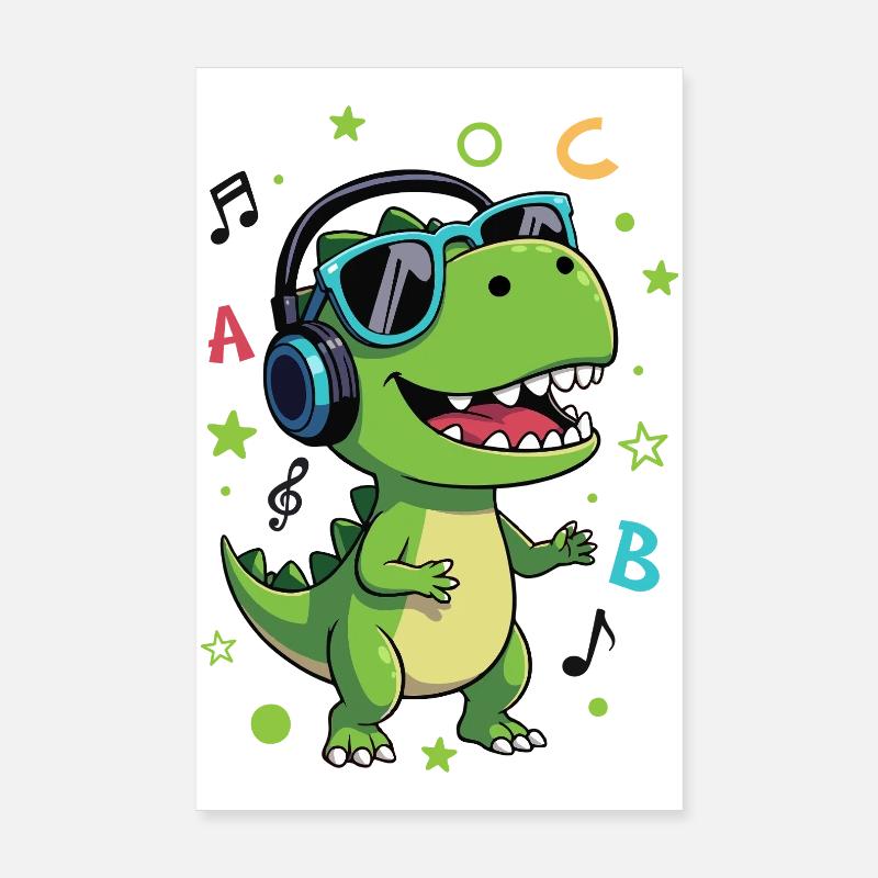 Grüner T-Rex mit Kopfhörer ABC - Schulanfang   - Poster 20x30 cm - Weiß