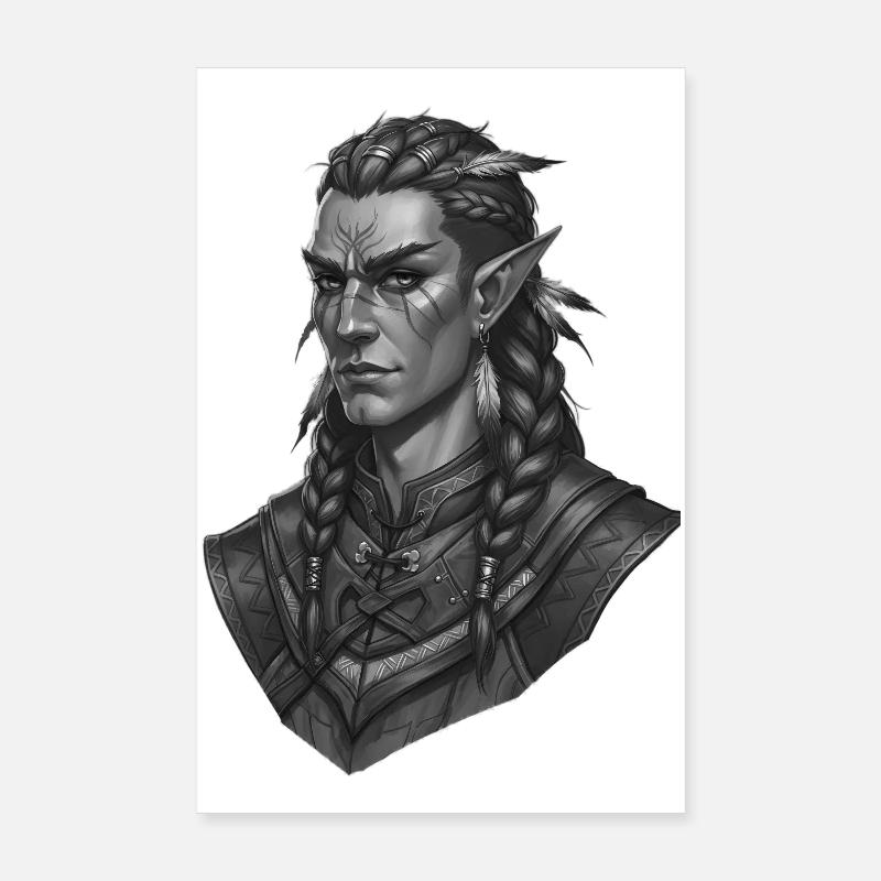 Elf Warrior Portrait in Black and White - Poster 8" x 12" (20x30 cm) - white
