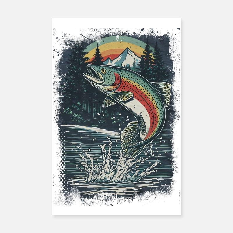 Springende Regenbogenforelle – Retro Anglermotiv Poster 20x30 cm