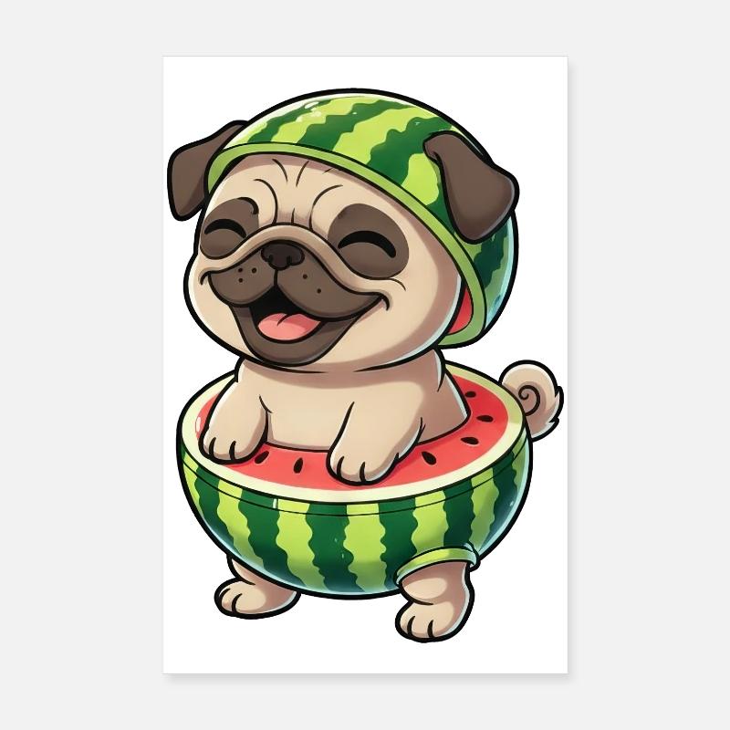 Süßer Mops mit Melone Cartoon Sommer Freude Poster 20x30 cm