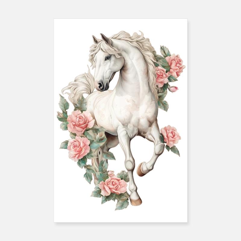 Pferd mit Rosen - Poster 20x30 cm - Weiß