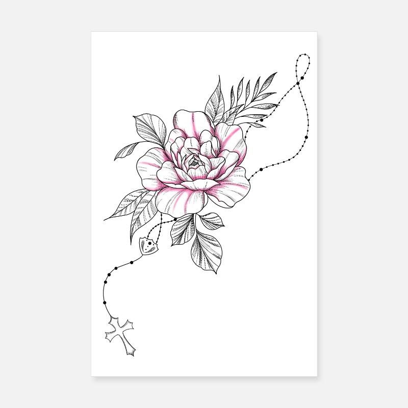 Dessin fleur rose chapelet croix et feuillage Poster 20 x 30 cm