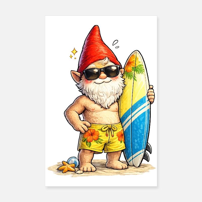 Nain de jardin cool avec planche de surf Poster 20 x 30 cm